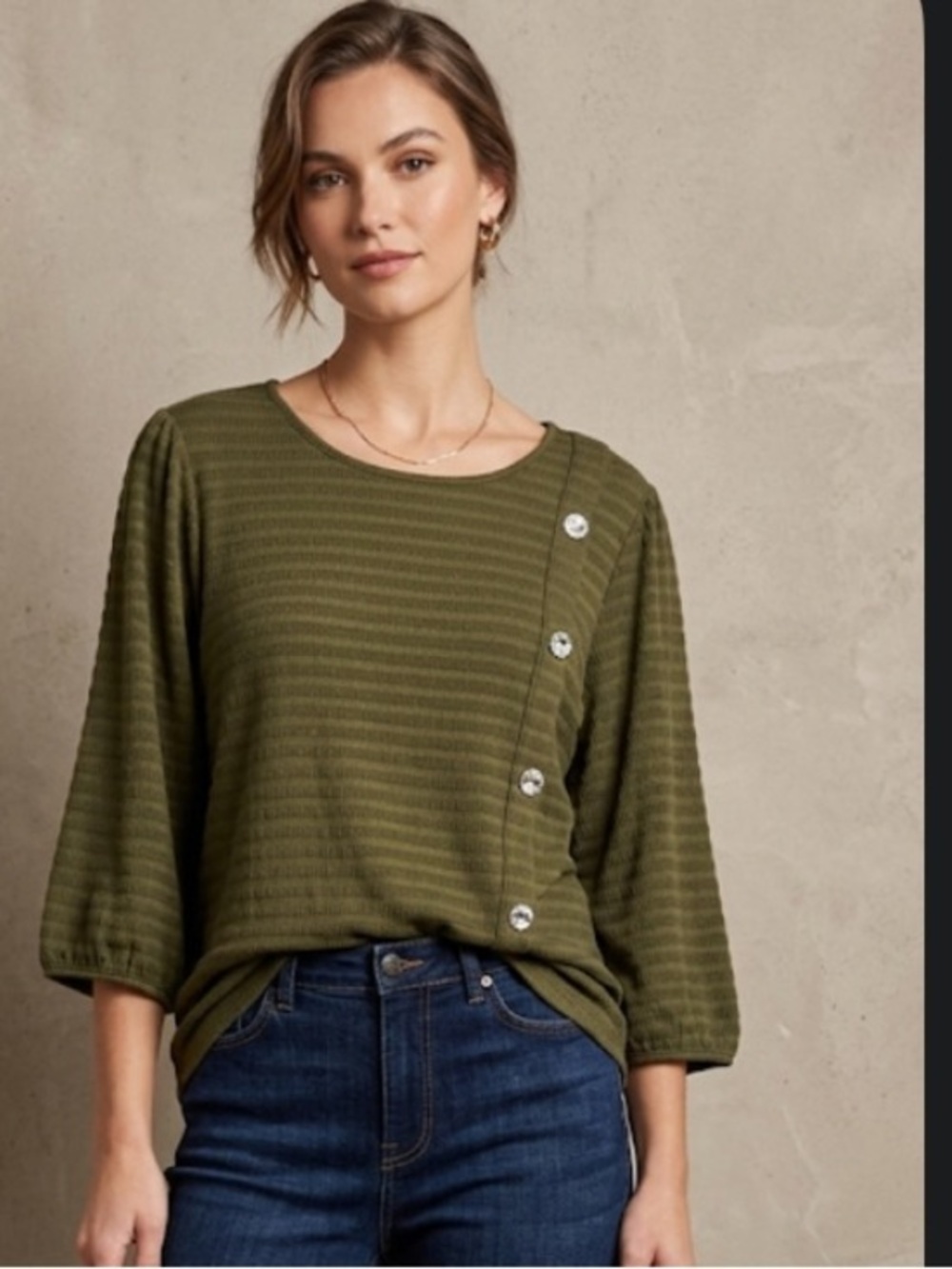Como Black Olive Button-Accent Women's Blouse